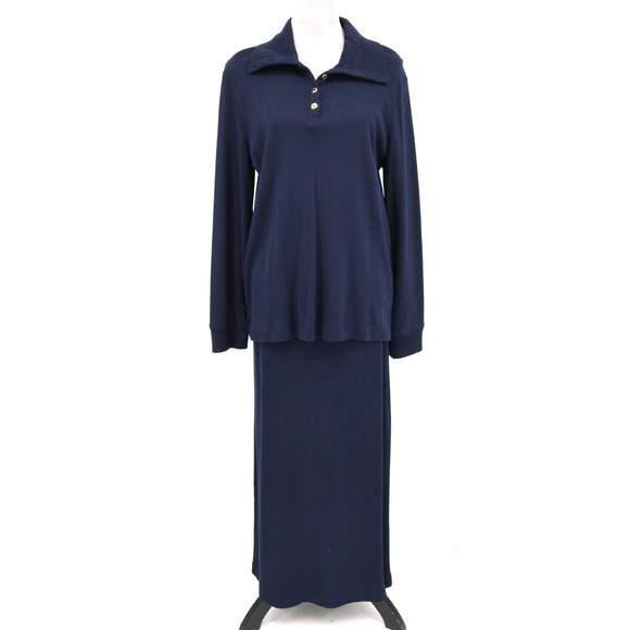LRL Ralph Lauren Sweater Skirt Set Womens Medium Navy Blue Cotton Knit Maxi - Picture 1 of 16